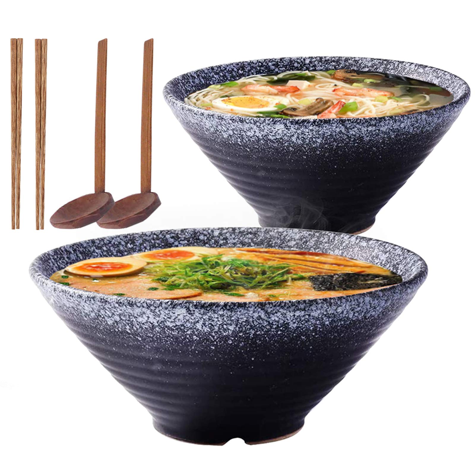 Lanbent 9 Inch Ceramic Japanese Ramen Noodle Soup Bowl, 2 Sets (6 Piece) 1600ml Multi Purpose Bowl with Matching Spoon and Chopsticks, for Instant Noodles, Soup, Noodle, Pho, Udon and Soba (Black)