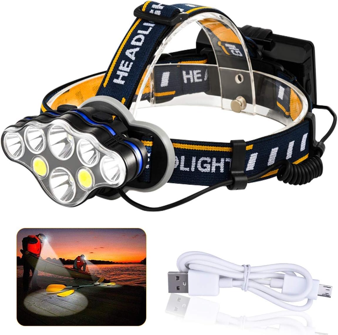 Rechargeable Headlamp, Tupwaid Led Head Lamp Waterproof 18000 Lumen Brightest 8 LED USB Headlight Flashlight with Red Lights, Extreme Bright Headlamps with 8 Modes for Outdoor Camping Cycling Fishing - - 