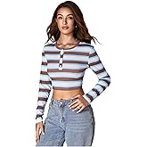 WDIRARA Women's Striped Henley Shirts Half Button Long Sleeve T Shirts Crop Tops