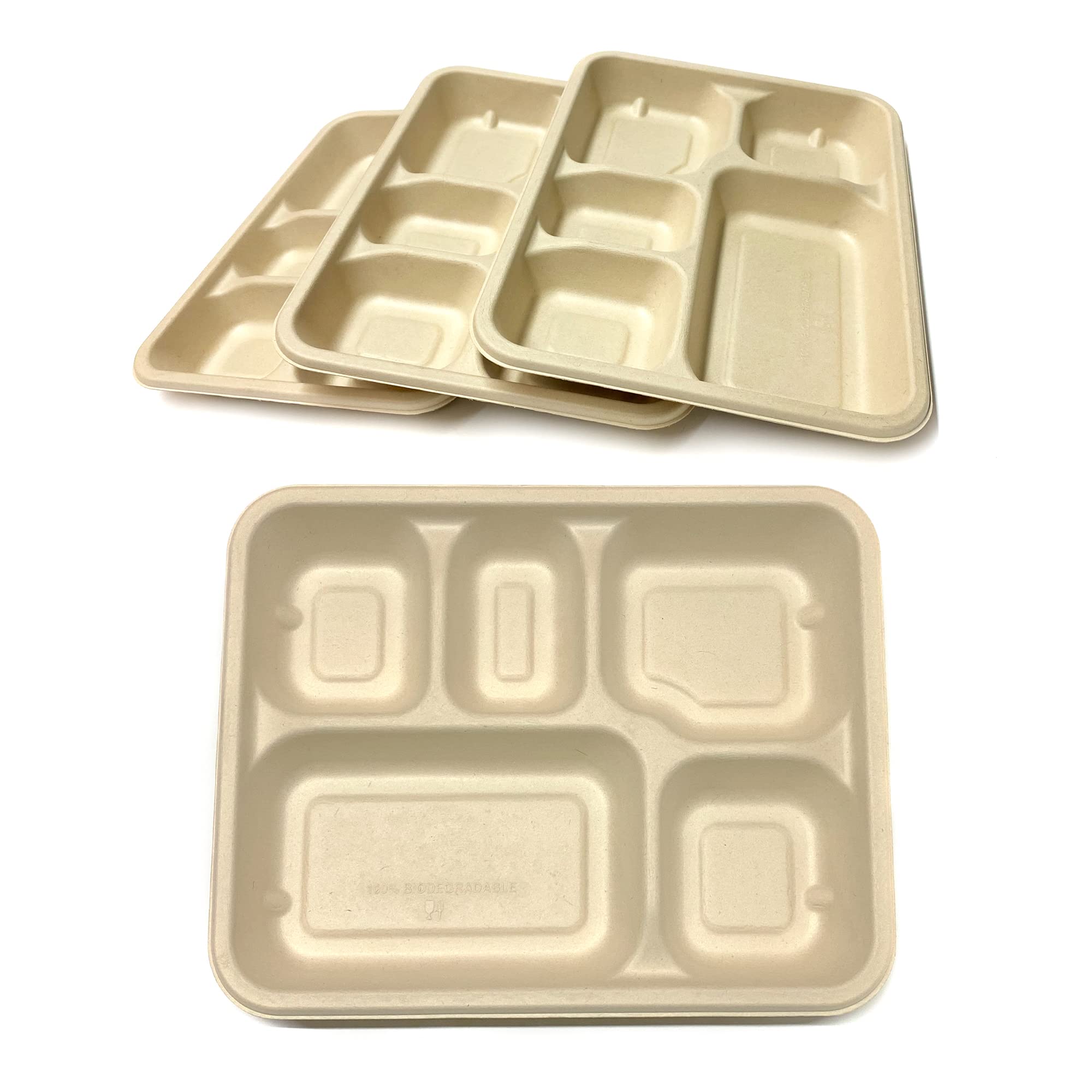 DISPOSABLE GREEN – Rectangle Bagasse Compartment Plates, 5 Compartment Divided Plates for Hot, Cold, Wet & Oily Food, Portion Control, 28cm x 22cm, 25-Pcs