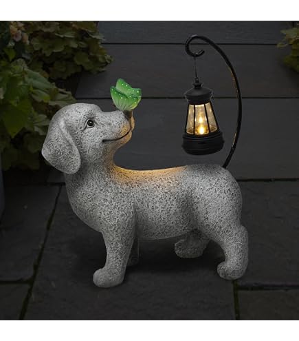Solar Dog Statue Garden Decor With Butterfly Light - Waterproof Outdoor Yard Art Patio Lawn Balcony Mother S Day Father S Housewarming Mom Dad Grandma Men W