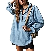 Fazortev Women's Denim Pullover Casual Button V Neck Blouse Loose Fit Long Sleeve Jean Jacket With Pocket