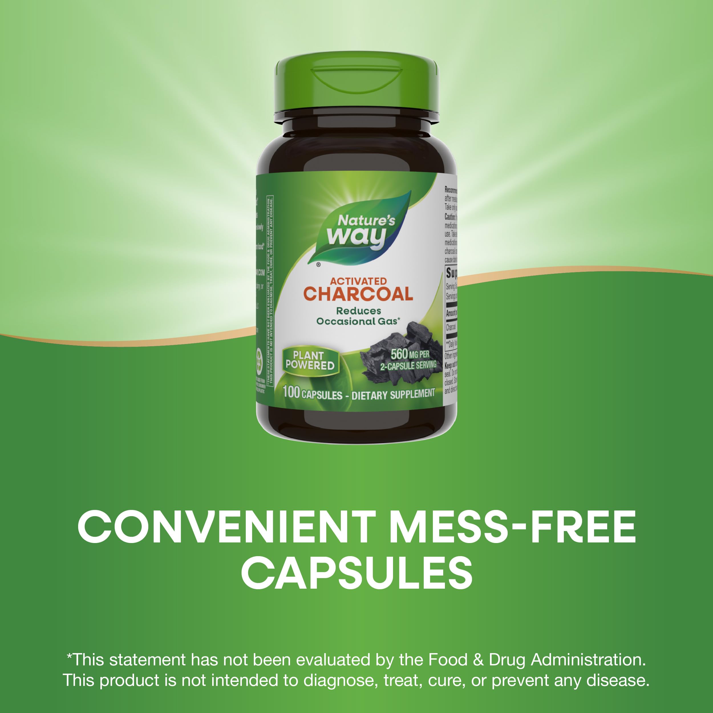 Nature's Way Activated Charcoal, Binds Unwanted Materials and Gas in the Digestive Tract*, 560 mg per 2-Capsule Serving, 100 Capsules (Packaging May Vary)