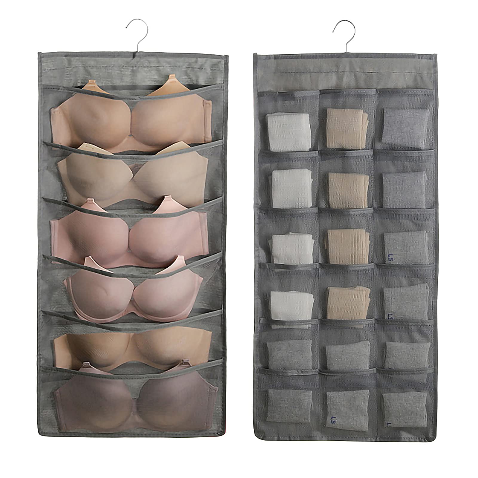 UESDU 2 Pcs Dual Sided Hanging Storage, 48 Pockets Hanging Wardrobe Organiser Foldable Bra Storage Organiser Hanging Sock Storage (Gray)