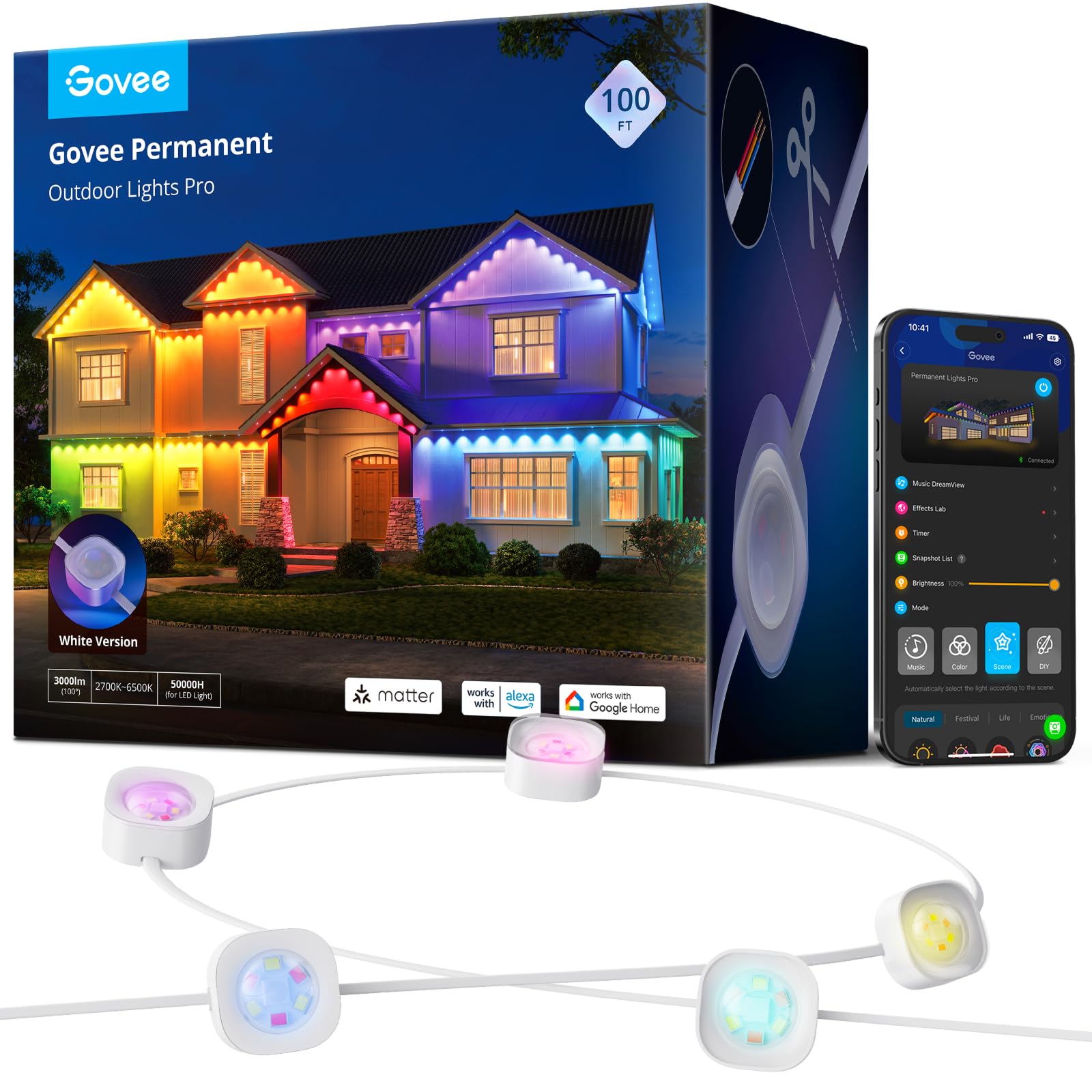 Govee Permanent Outdoor Lights Pro, 100ft with 60 RGBIC LED Lights for Daily and Accent Lighting, 75 Scene Modes for Outdoor Decor, IP67 Waterproof, Works with Alexa, Google Assistant, Matter, White