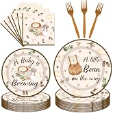 96Pcs Coffee Theme Baby Shower Tableware Set - Coffee A Baby Is Brewing Paper Plates Napkins Forks A litte Bean Is On The Way Gender Reveal Party Supplies Serve 24 Guests