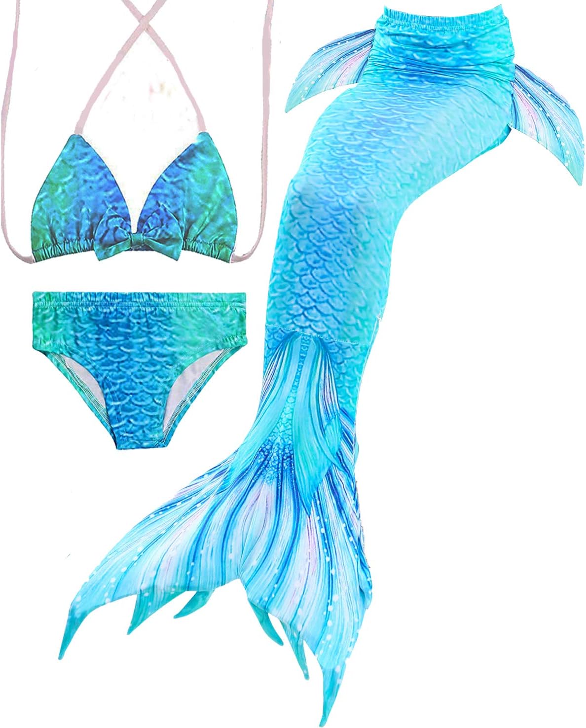 Mermaid Tails for Swimming,with Monofin,Children Mermaid Clothing Cosplay,Swimmable Tail Swimsuit 4PCS Sets