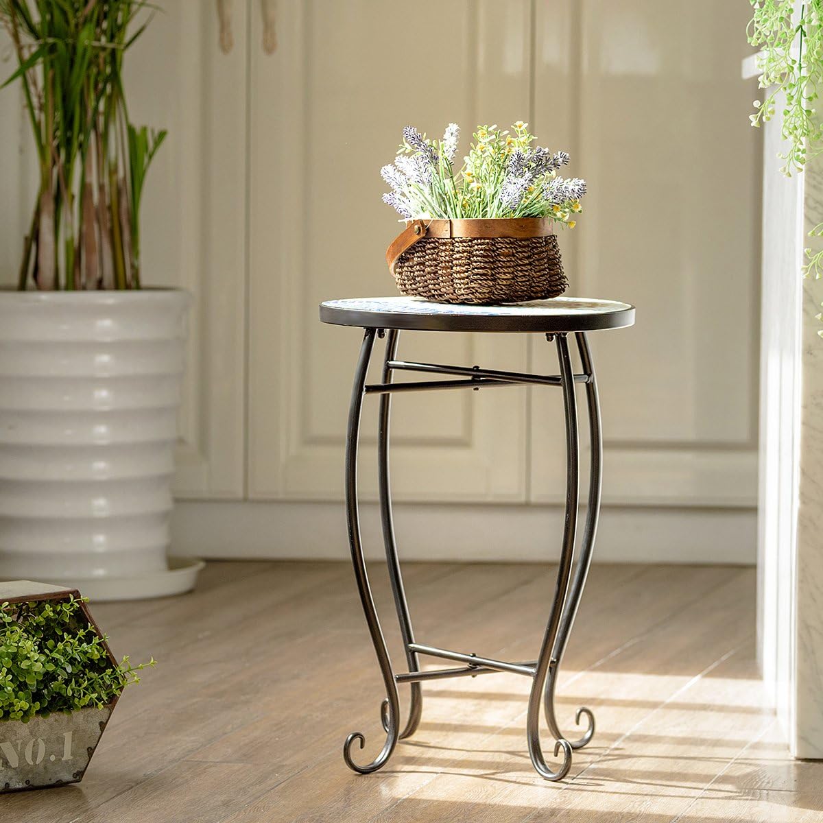 Giantex Mosaic Round Side Accent Table Patio Plant Stand Porch Beach Theme Balcony Back Deck Pool Decor Metal Cobalt Glass Top Indoor Outdoor Coffee End Table(Navy): Garden & Outdoor