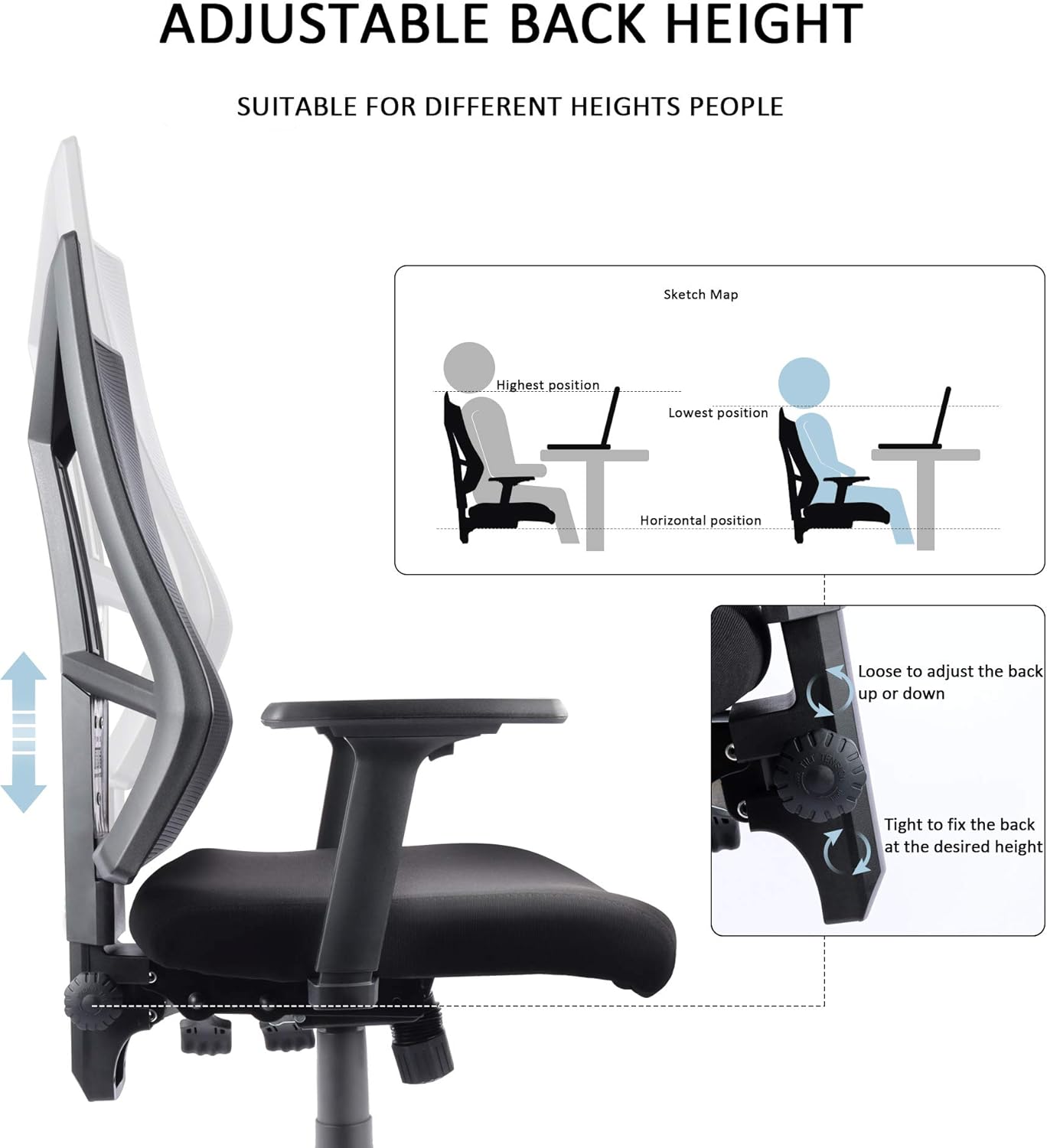 High-Back Ergonomic Desk Chair Mesh Swivel Task Office Chair with Adjustable Arms, Seat and Backrest (Black): Kitchen & Dining