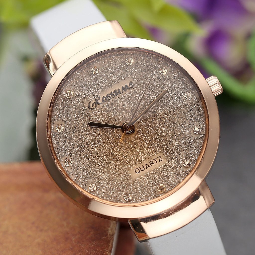 JSDDE Uhren,Elegante Damen Armbanduhr Braunglas Glitzer Dial XS Slim PU Leder-Band Ladies Dress Analog Quarzuhr,Weiss