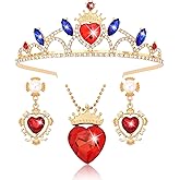 CAVETEE Crown and Jewelry Set for Women, Princess Tiara and Earrings Set, Queen of Hearts Necklace and Earrings Red Heart Gold Crown for Halloween Parties