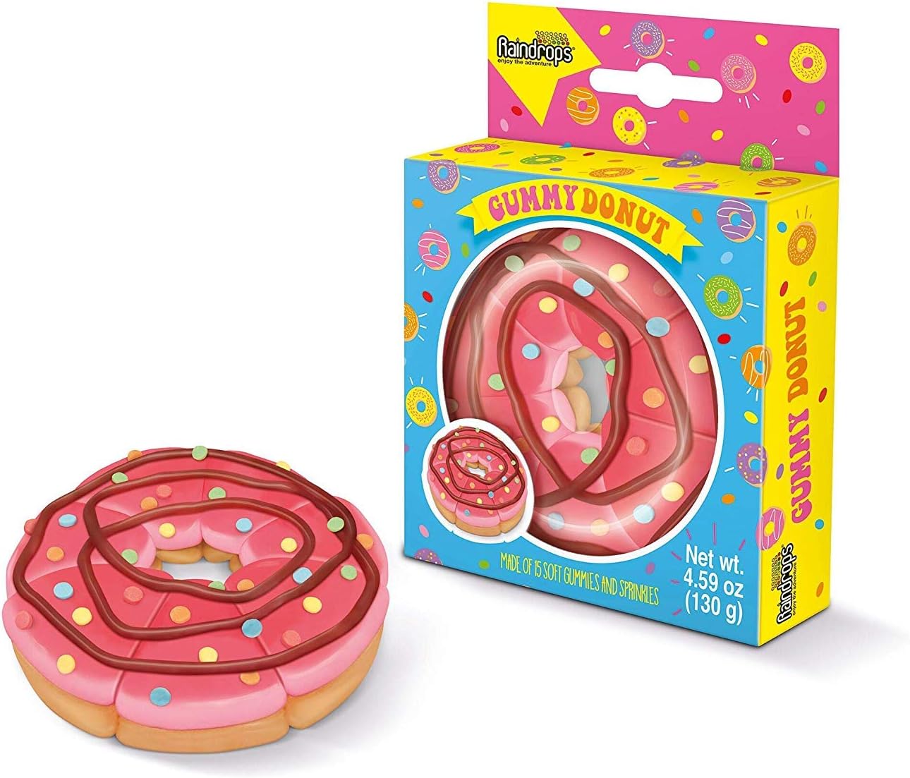 Raindrops Gummy Candy Donut with 15 Gummy Candies and Sprinkles - Yummy Gummy Food that Looks Just Like a Doughnut - PACK OF 4