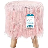BIRDROCK HOME Faux Fur Foot Stool Ottoman – Upholstered Vanity Chair w/Natural Wood Legs - Soft Compact Padded Seat for Makeup Room, Living Room, Bedroom – Decorative Accent Furniture – Pink