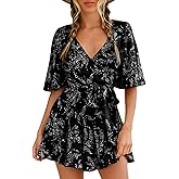 AIMCOO Womens Summer Short Flared Sleeve Romper V Neck Floral Print Jumpsuit Waist Tie Layer Ruffle Hem Dress Look Rompers