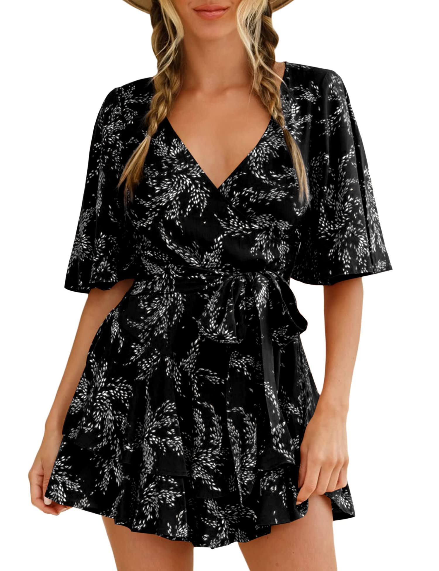 Photo 1 of AIMCOO Womens Summer Short Flared Sleeve Romper V Neck Floral Print Jumpsuit Waist Tie Layer Ruffle Hem Dress Look Rompers / l-xl