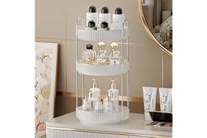 shuang qing Rotating Makeup Organizer for Vanity 3 Tier, High-Capacity Skincare Clear Make Up Storage Perfume Organizers Cosmetic Dresser Organizer Countertop 360 Spinning (Cream White)