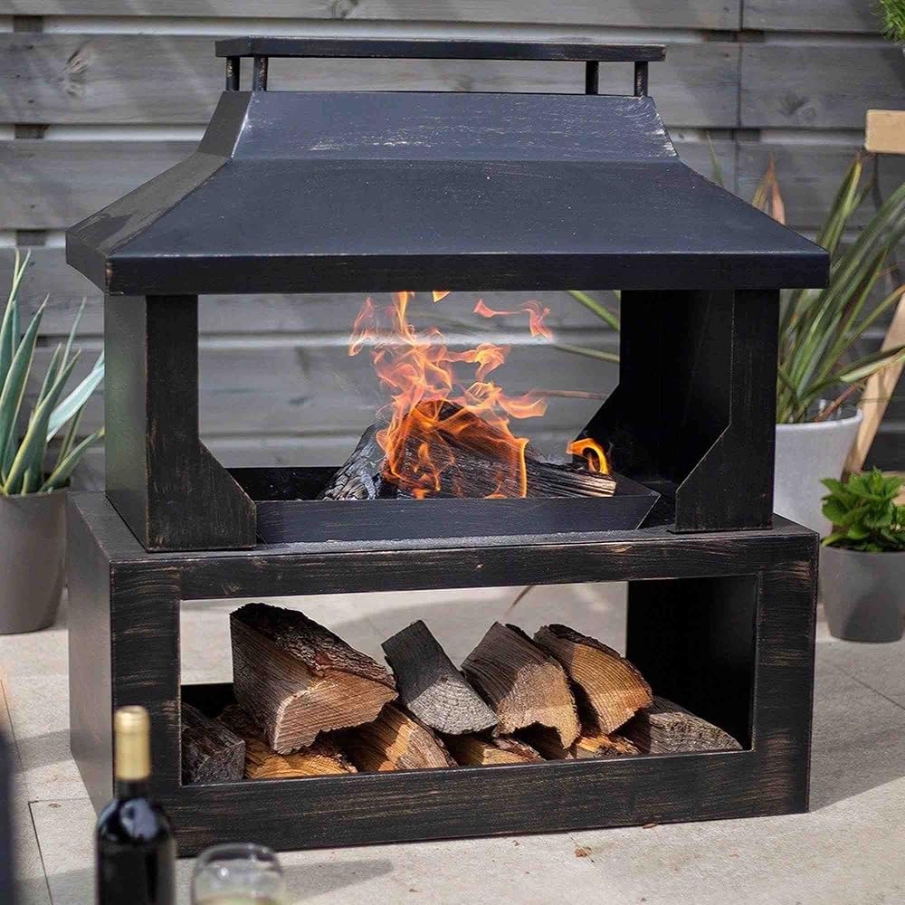 La Hacienda Stonehurst Steel Outdoor Fireplace with Log Store Bronze