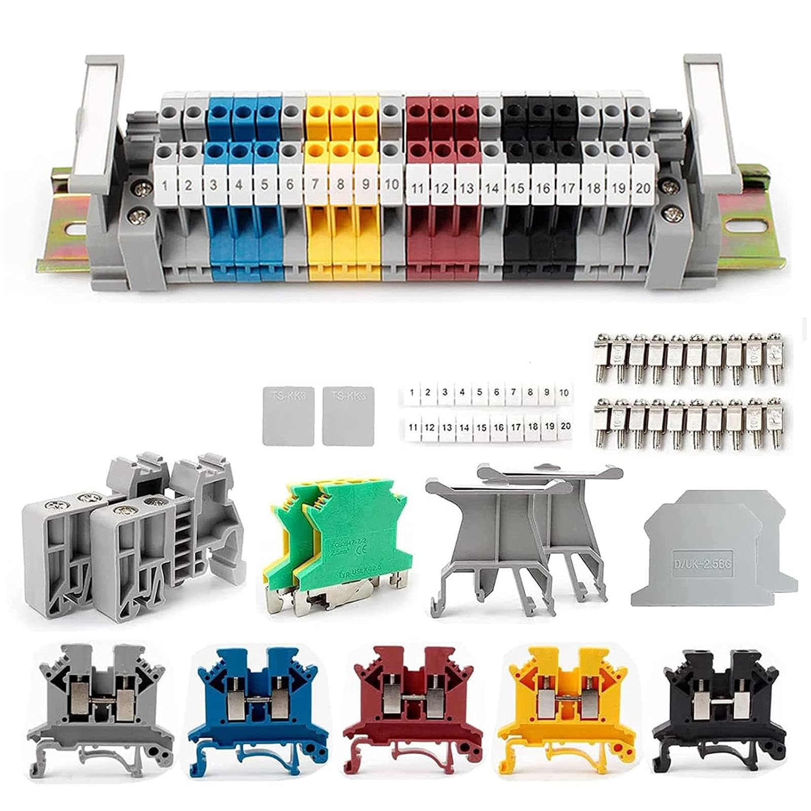 Aisny Terminal Block UK2.5B, DIN Rail Connection Blocks Kit, Top Hat Rail, 20 cm Aluminium, 40 Contacts, Copper, Clamp Plug-in, for DIY Automation Projects
