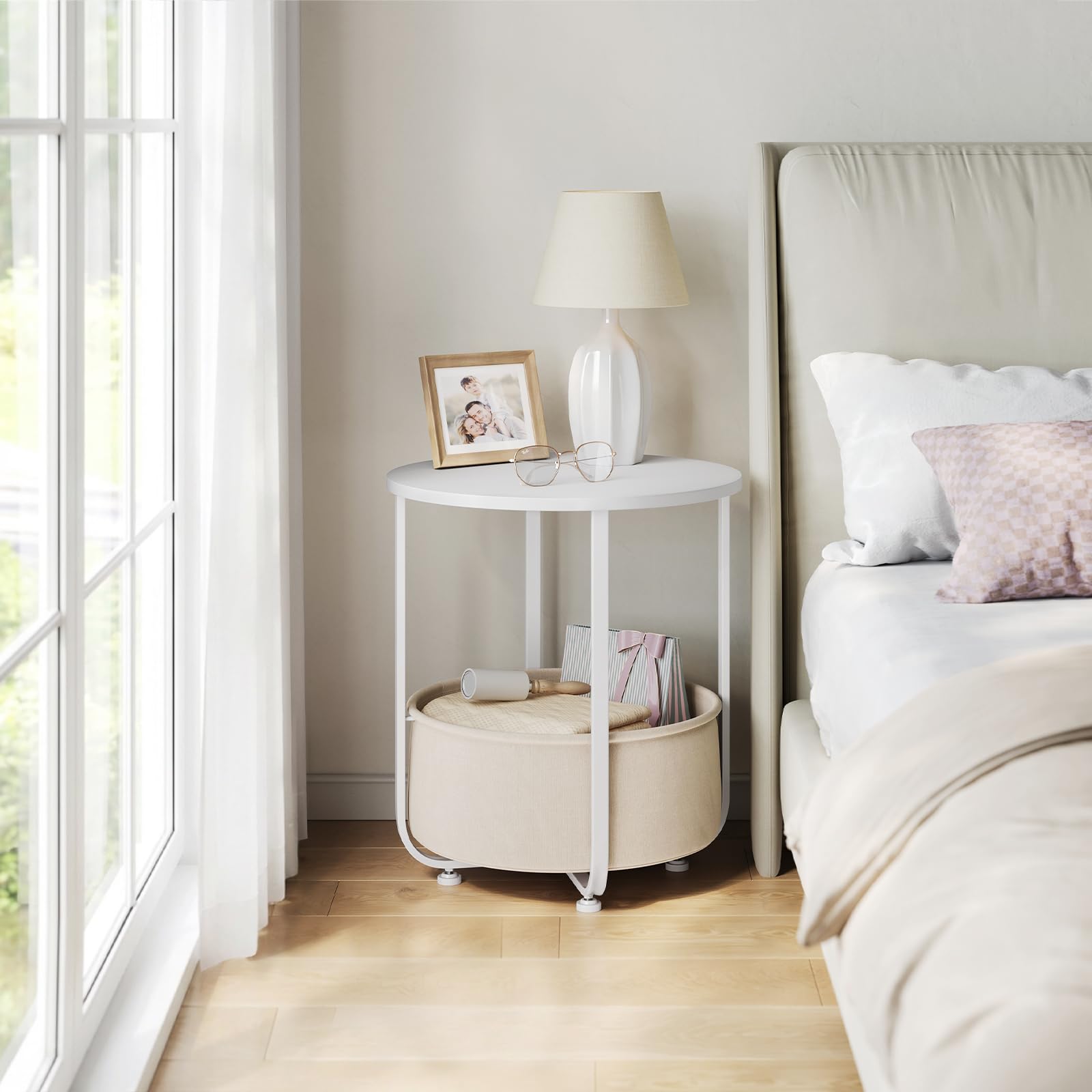 WOLTU Couchtisch rund, Kleiner Beistelltisch, mit abnehmbarem Stoffkorb, Metallrahmen, für Sofa Wohnzimmer Schlafzimmer, Weiß + Beige 3