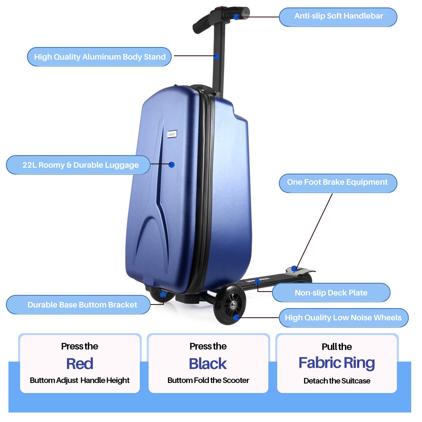 iubest Scooter Luggage Carry On Scooter Suitcase for Kids Age 4-15, Detachable & Foldable 4 in 1 Kids Suitcase, Multifunctional Ride On Travel Trolley Scooter Combo-Blue