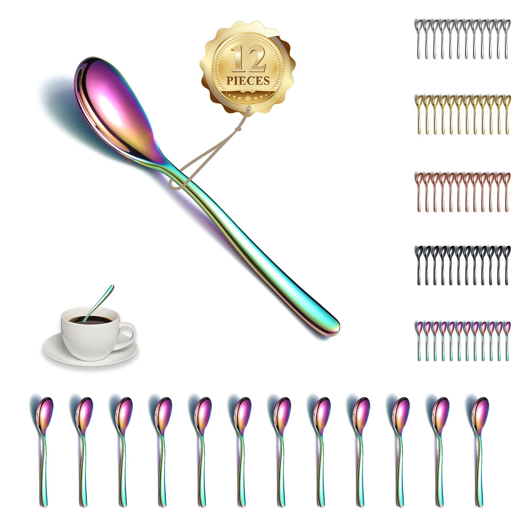 Kyraton Rainbow Teaspoons 12 Pieces, 14cm Stainless Steel Tea Spoons with Colorful Titanium Plating, Ice Cream Spoons, Dessert Spoon, Coffee Spoon, Mocca Spoons, Dishwasher Safe — image 1