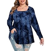 LARACE Womens Plus Size Tunic Tops Loose Fit Square Neck Long Sleeve Shirts