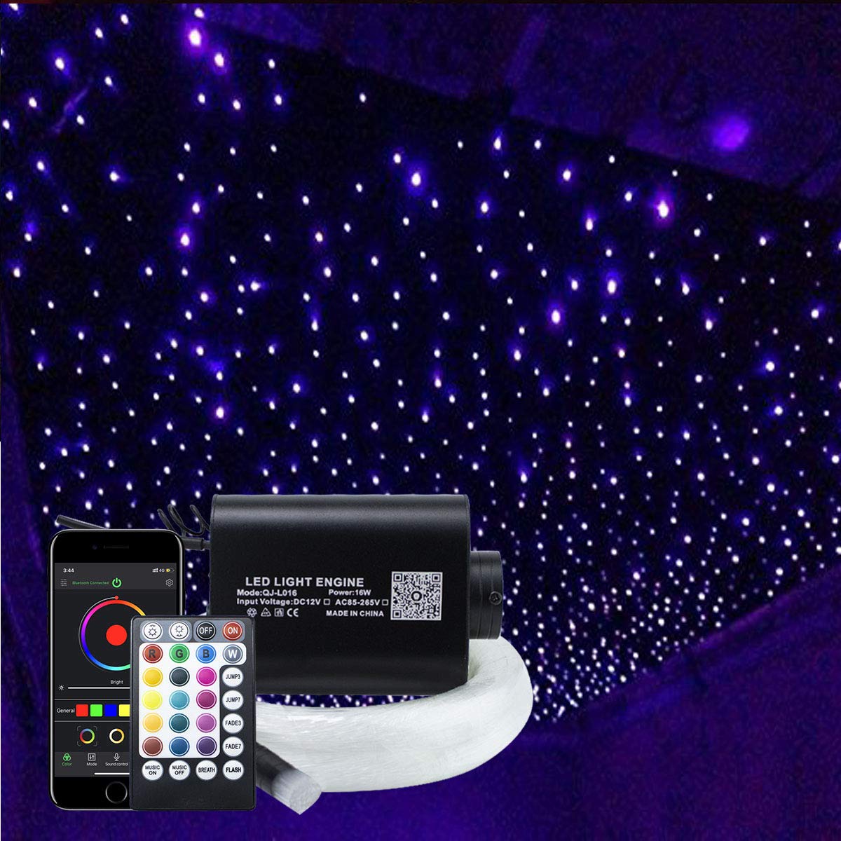 Kingmaled 16W Car Home APP Sound Sensor Fiber Optic Star Ceiling Kit, RGBW Bluetooth Light Engine with 28Keys Remote Controller Create Atmosphere Full of Romantic and Rhythm, 450pcs*0.75mm*2m