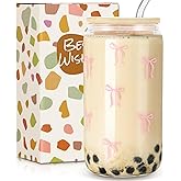 Cute Glass Cup with Lids and Straws,Cute Glass Cups Pink Bow Iced Coffee Cup,Drinking Jar Beer Cups,Gifts for Teen Girls Daughter, Sister, Mom, Classmates, Coworkers, Teachers 16 oz