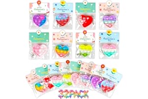32 Pack Valentine's Day Heart-Shaped Pop Fidget Toys for Kids, Classroom Bulk Gifts with Keychains & Cards, Perfect for Schoo