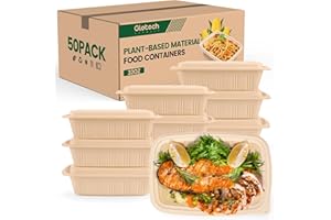 GLOTOCH EXPRESS 100 Piece (50 Pack) Meal Prep Containers with Lids,32 oz Resuable Cornstarch Material Salad Containers, Plant-based Lunch Boxes, Plastic Take Out Bowls BPA Free, Microwave Freezer Safe, Stackable