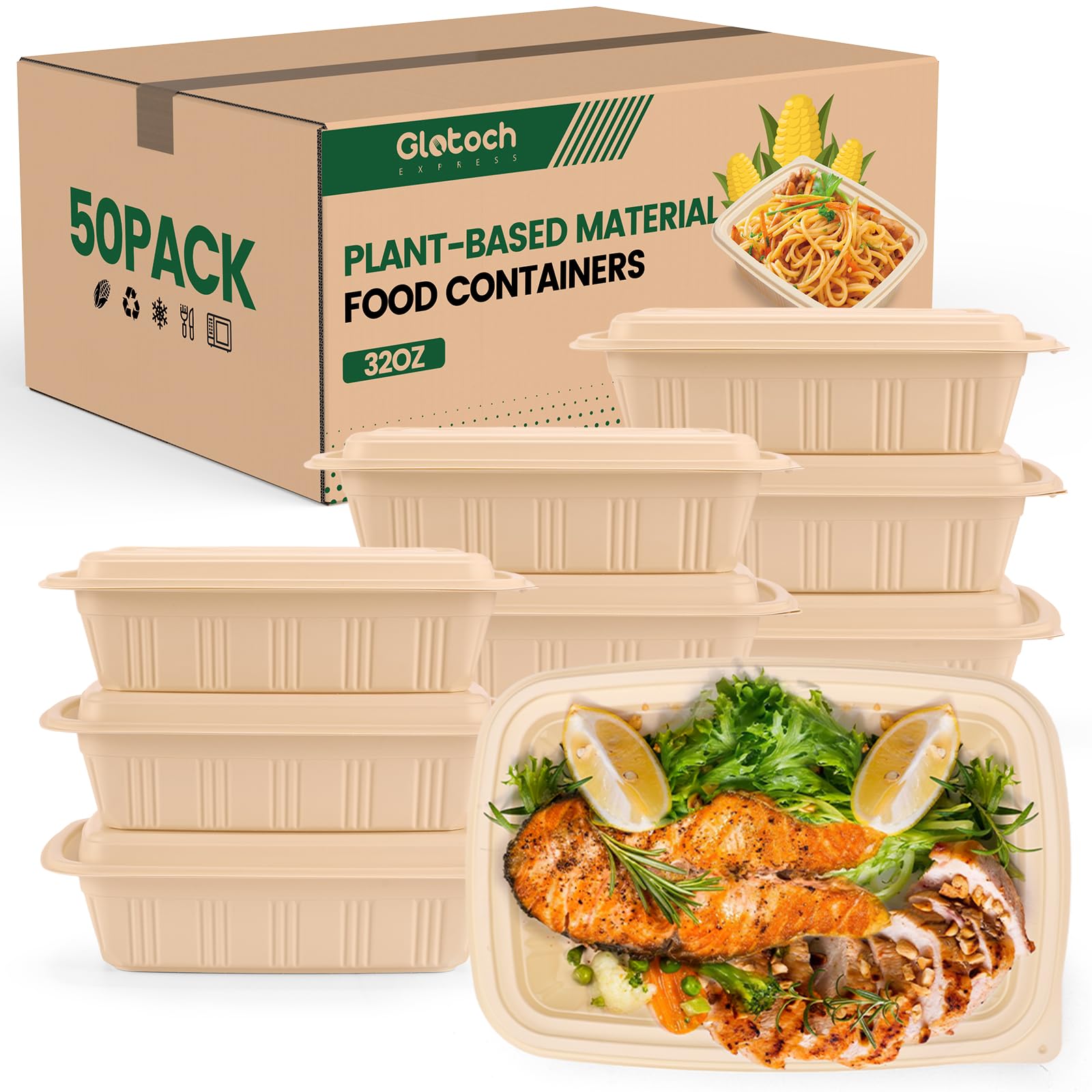Photo 1 of 100 Piece (50 Pack) Meal Prep Containers with Lids,32 oz Resuable Cornstarch Material Salad Containers, Plant-based Lunch Boxes, Plastic Take Out Bowls BPA Free, Microwave Freezer Safe, Stackable