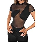OYOANGLE Women's Short Sleeve Sheer Bodysuit Mock Neck See Through Body Suit Tops Clubwear