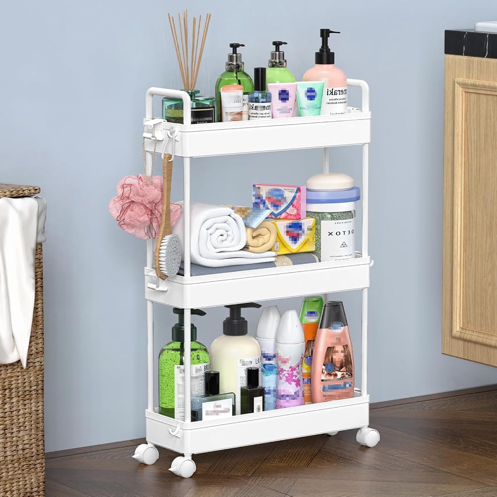 SOLEJAZZ 3-Tier Slim Storage Trolley Cart with 6 Hooks White Plastic