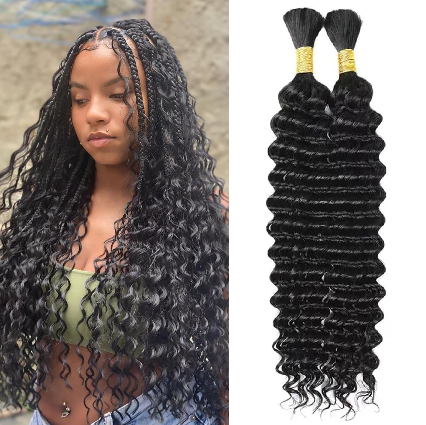 Human Braiding Hair 100g 22 Inch Deep Wave Bundles Human Hair Bulk Braiding Hair for Braiding No Weft Bundle Curly Human Hair Extensions for Boho Braids Wet and Wavy Human Hair — image 1