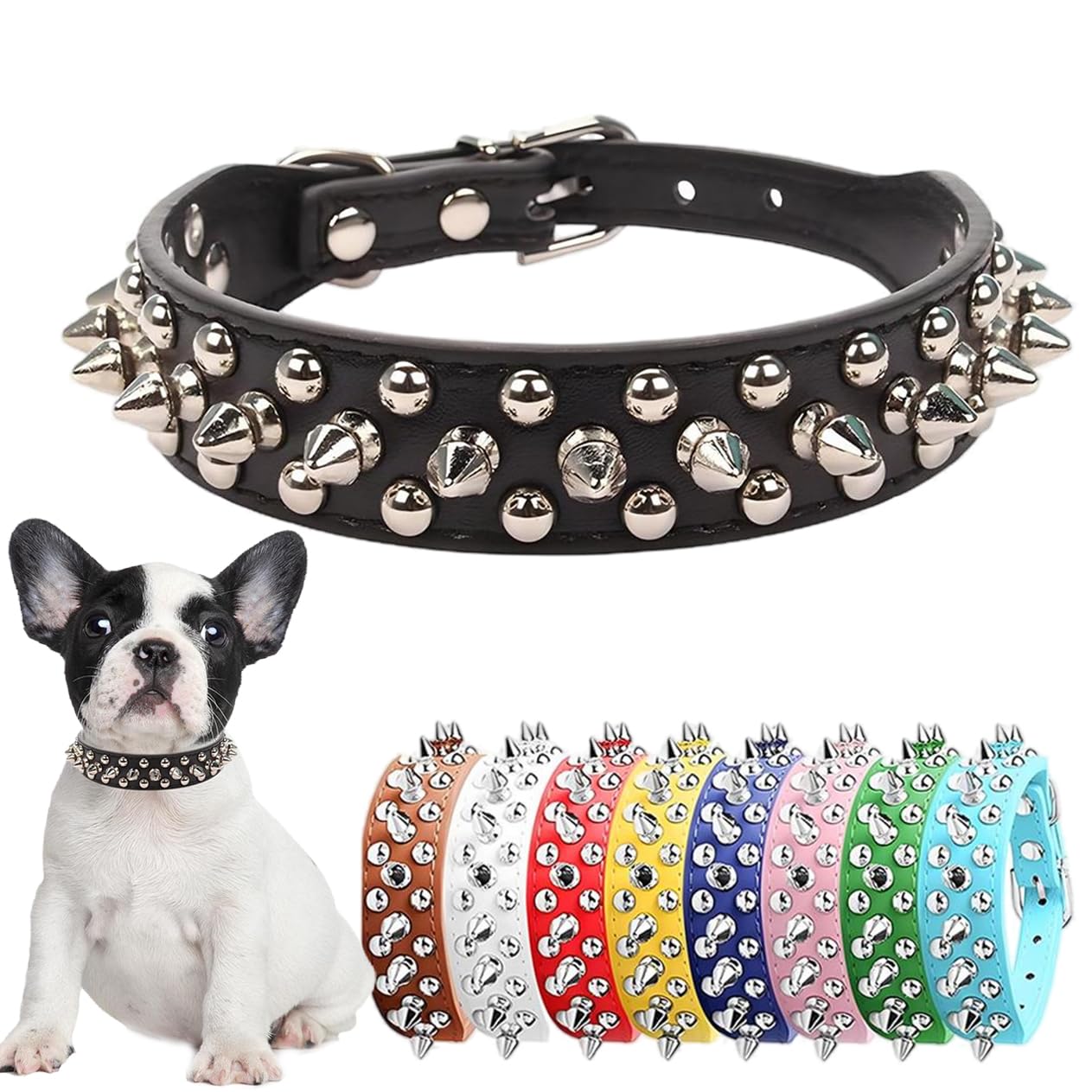 Spiked Dog Collars, Studded Dog Collar Leather Rivet Puppy Collar Spike Adjustable for Small Medium Large Dogs Black S