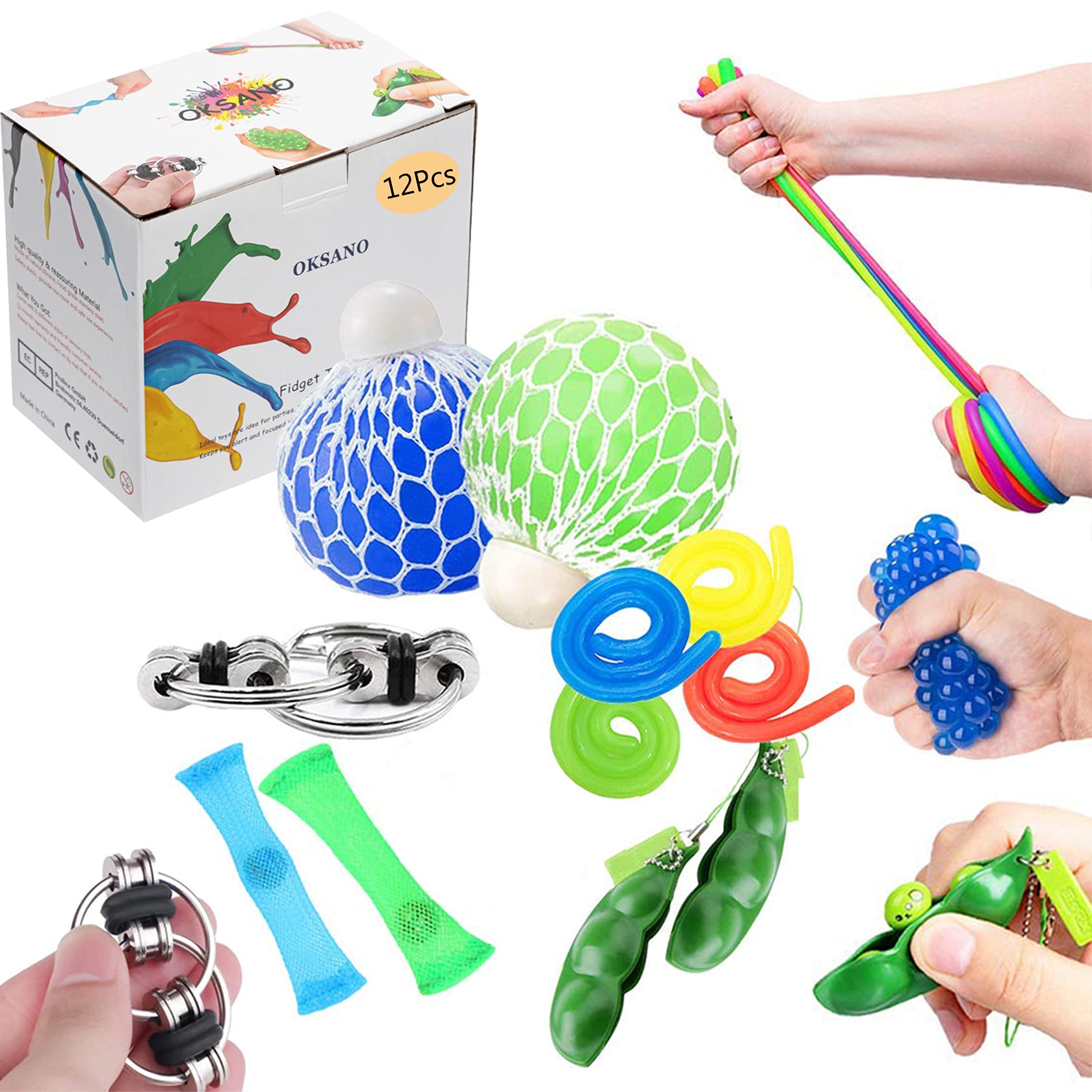 OKSANO Sensory Toys Sets 12Pcs, Fidget Toys for Kids and Adults Autism Fiddle Toys for ADHD, Squeeze Mesh Balls, Flippy Chain, Stretchy Strings, Soybean Stress Toys, Twist Toys, Stress Relief Strap