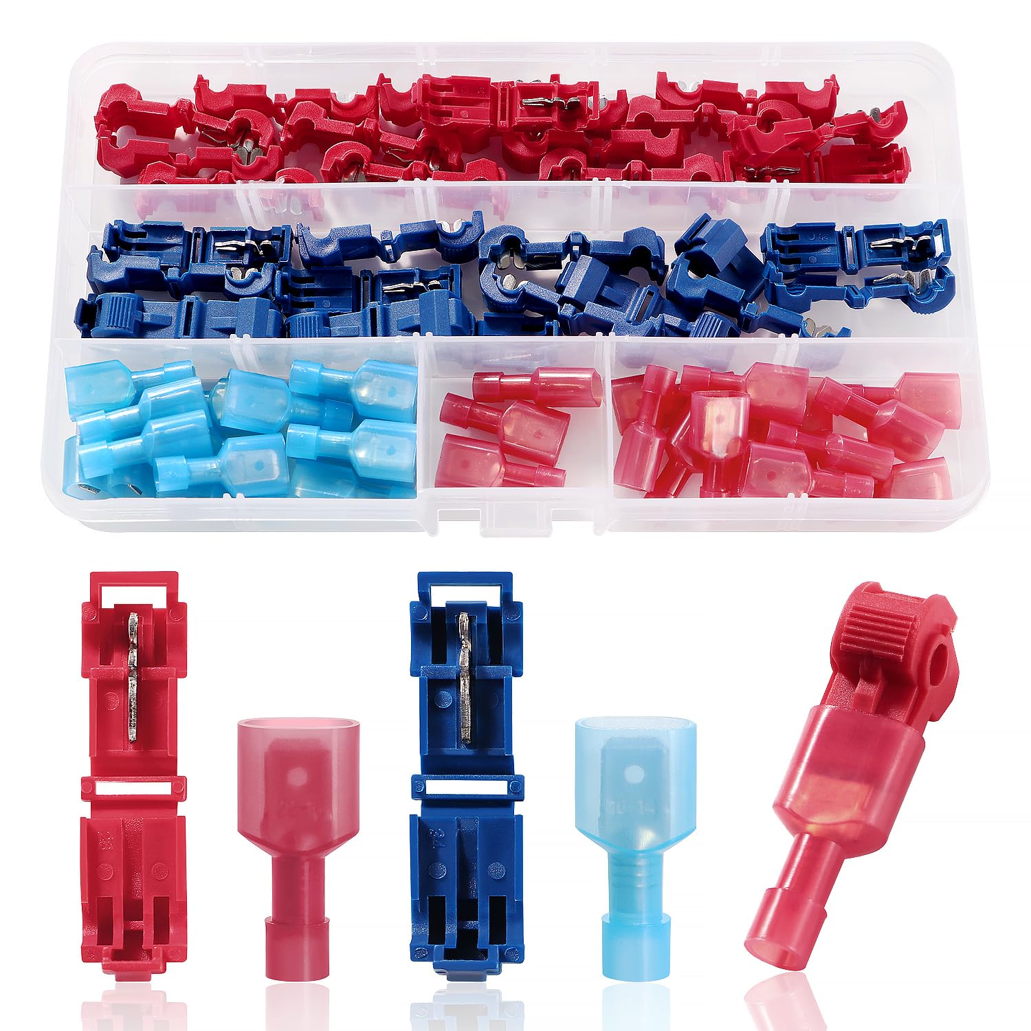 YIXISI 60 PCS (30 Pairs) T-Tap Electrical Wire Connectors, Assortment Kit of Quick Splice Self-Stripping Wire Terminals with Nylon Fully Insulated Male Spade Quick Disconnect, Red and Blue