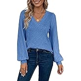 winkbay Women's Elegant Lantern Long Sleeve T Shirts Fall V Neck Ribbed Knit Work Office Tops