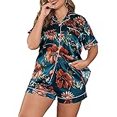 MapleHub Womens Pajamas Set 2 Piece Plus Size Short Sleeve Sleepwear Silk Satin Pjs Shorts Lounge Set