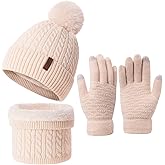 3Pcs Winter Women Beanie Hat Scarf and Touch Screen Gloves Sets Girls Classic Knit Warm Chunky Fleece Lined Cable Cap