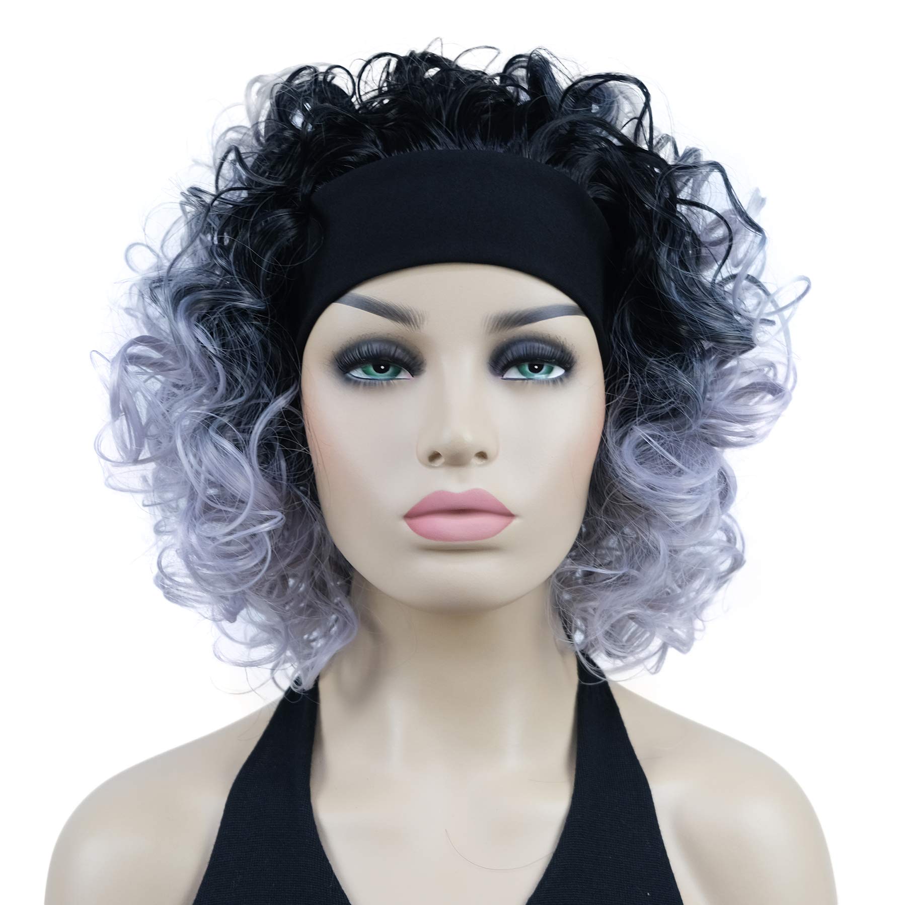 Lydell 12" Super Curly Wigs Ombre Black Gray Hair Synthetic Headband Wigs (1+GRAY)