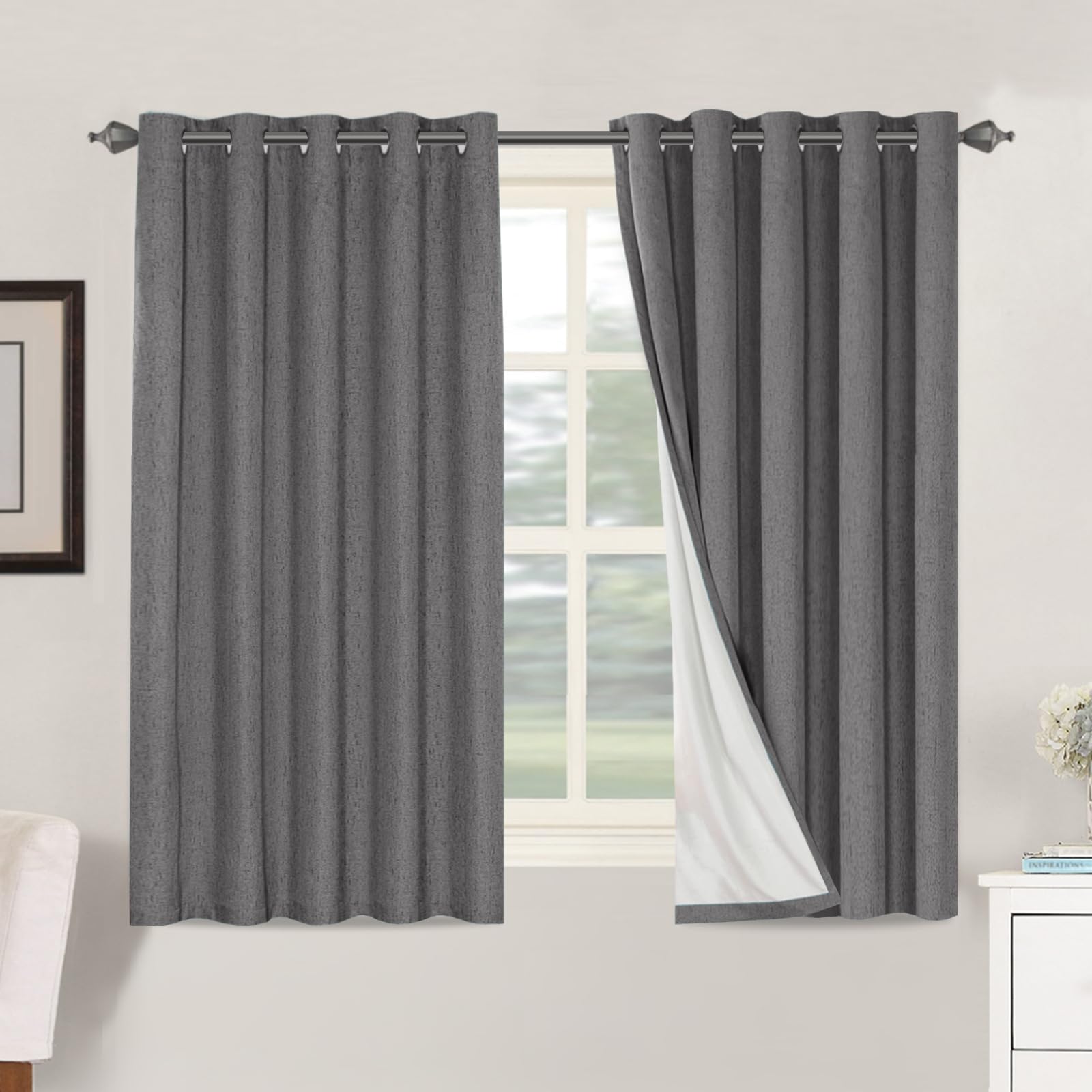 BellaHills 100% Blackout Curtains for Bedroom Eyelet Linen Curtains for Living Room with White Coating Back Grommet Thermal Insulated Curtain 2 Panels, 66 x 54 Inch, Grey