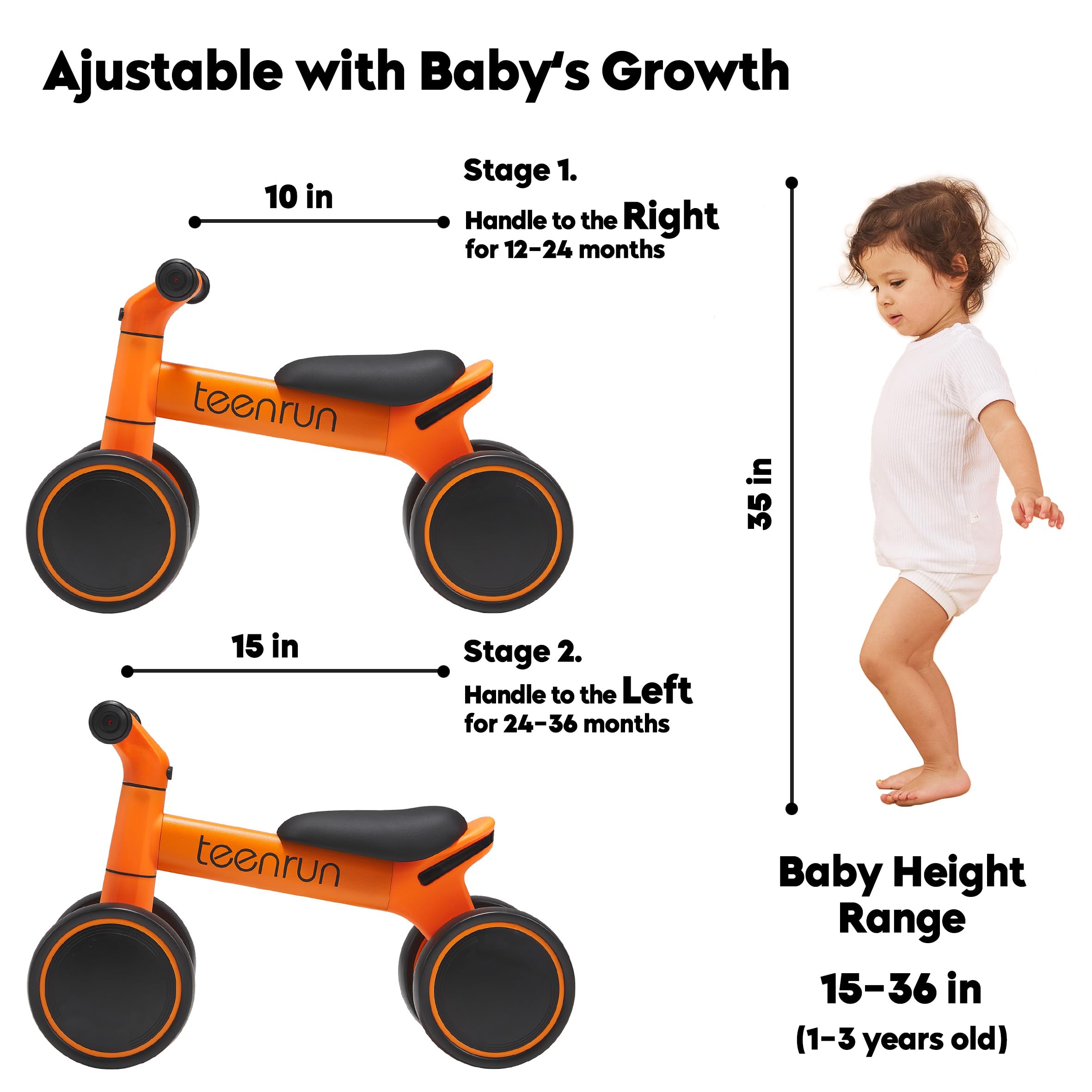 TEENRUN Baby Balance Bike with 4 Wheels, Perfect for 12-36 Month Toddlers, Ideal First Birthday Gift for Boys and Girls