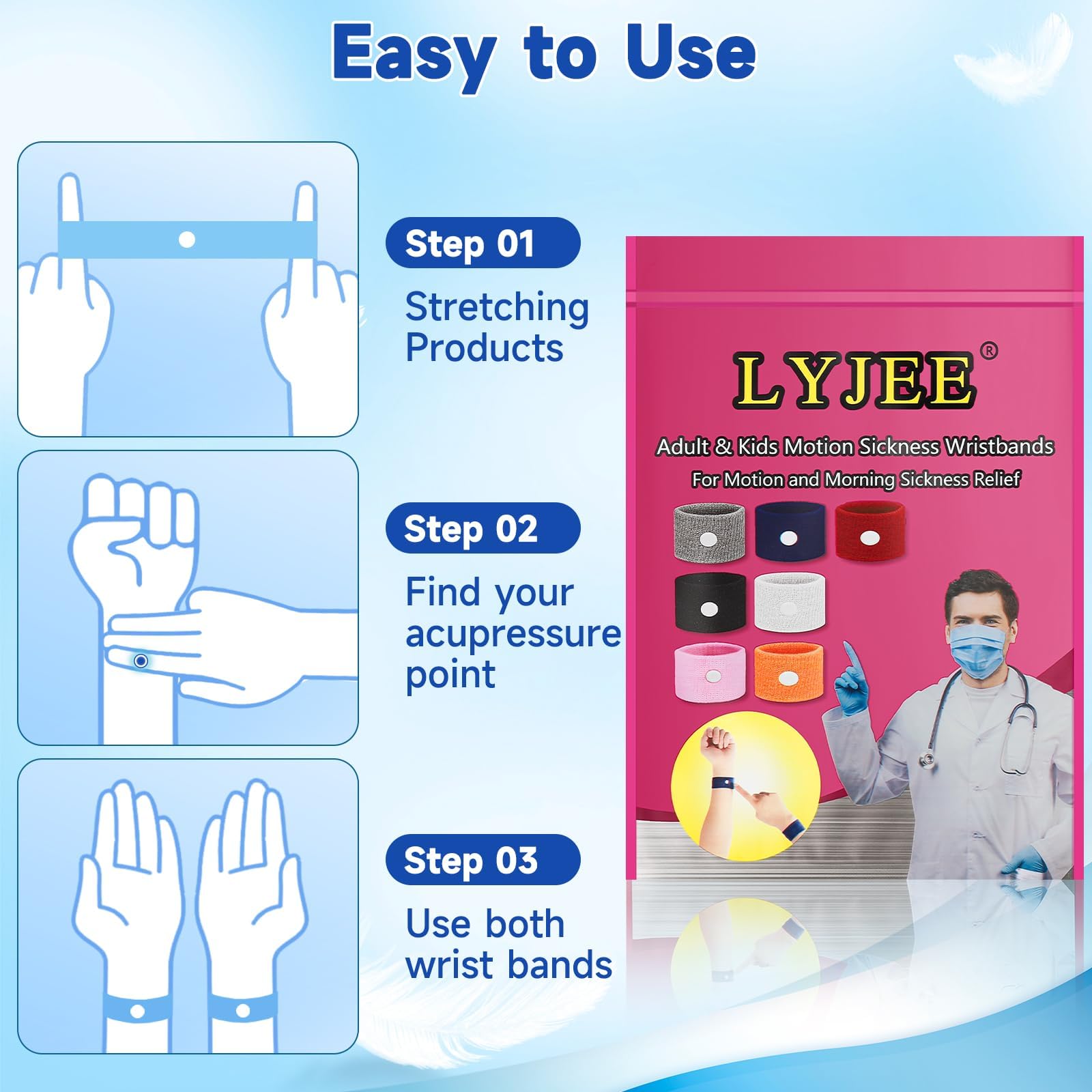 LYJEE 5 Pairs Motion Sickness Bands, Nausea Wristbands for Car Sickness, Relief Wristbans for Mornig Sea Flying Travel