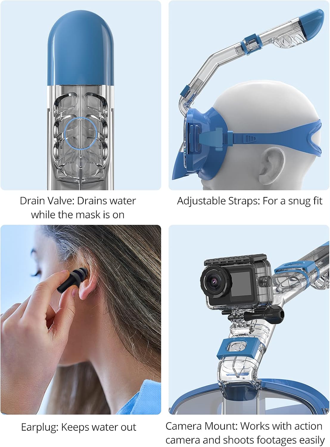 AKASO A1 Snorkel Mask Broad View Scuba Mask Anti-Fog Anti-Leak with Camera Mount Diving Mask Snorkeling Mask, Snorkeling Gear for Adults (Light Blue) : Sports & Outdoors