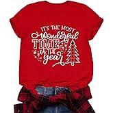 Merry Christmas Shirts for Women Xmas Buffalo Plaid Tree Shirt Top Short Sleeve Casual Graphic Print T Shirt