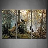 Black Bear Wall Art Bears Play in Forest Broken Tree Canvas Painting The Picture Print On Canvas Animal Pictures for Home Decor Decoration Gift 3 Piece