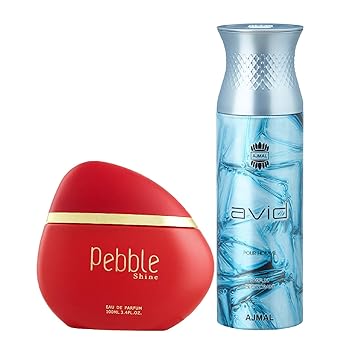 Maryaj Pebble Shine Eau De Parfum Floral Fruity Perfume 100ml for Women and Ajmal Avid Homme Deodorant Aquatic Woody Fragrance 200ml for Men + 2 Parfum Testers FREE