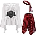 4 Pcs Halloween Womens Pirate Costume Renaissance Pirate Blouse Tops Corset Waist Belt Pirate Skirt for Halloween Party