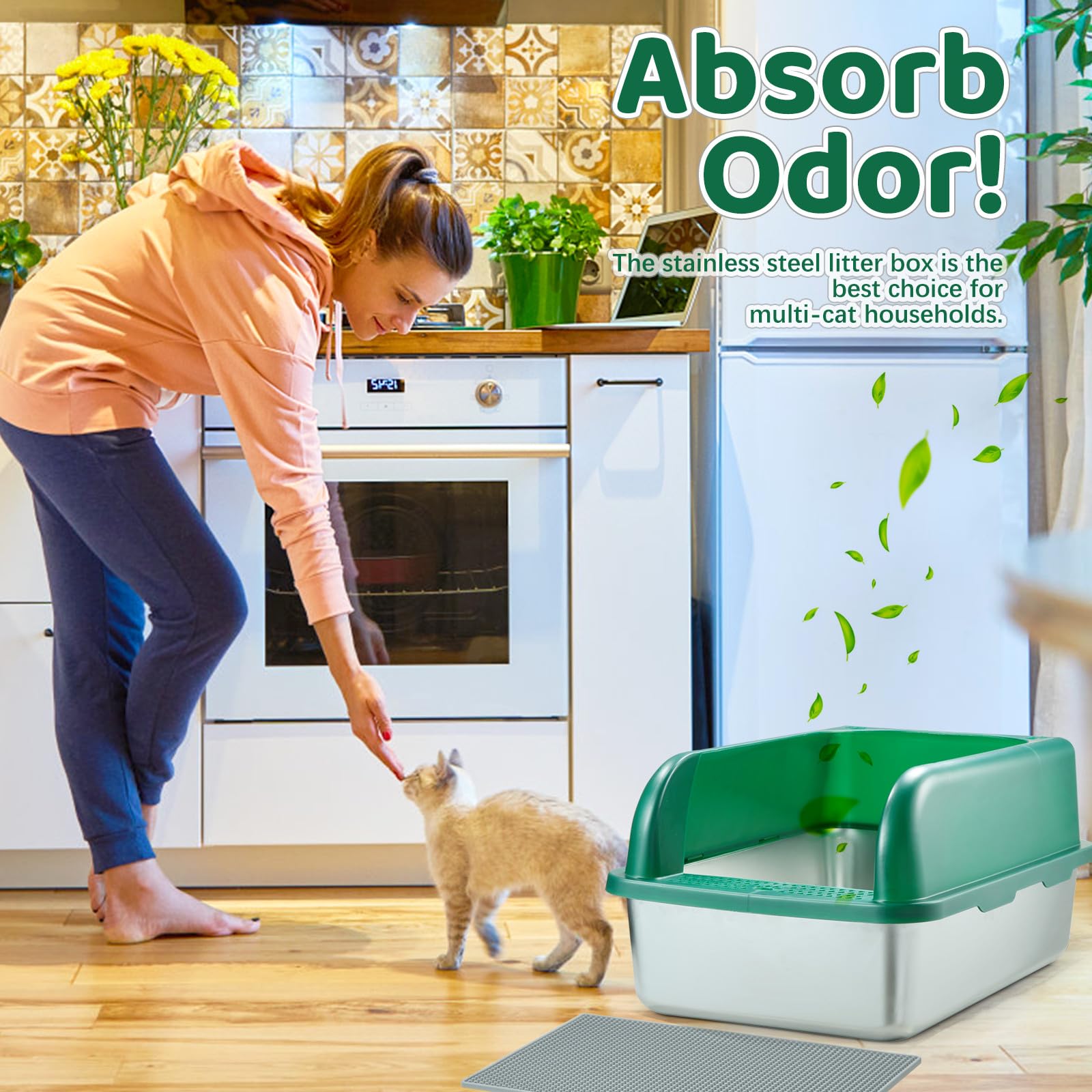 Stainless Steel Cat Litter Box with Lid, Extra Large Metal Litter Box for Big Cats, XXL High Sides Enclosure Cat Litter Box with Anti-Urine Leakage, Easy Clean, Free Litter Scoop & Mat